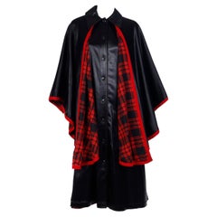 Vintage Yves Saint Laurent Black Sleeveless Coat & Cape With Red Plaid Lining