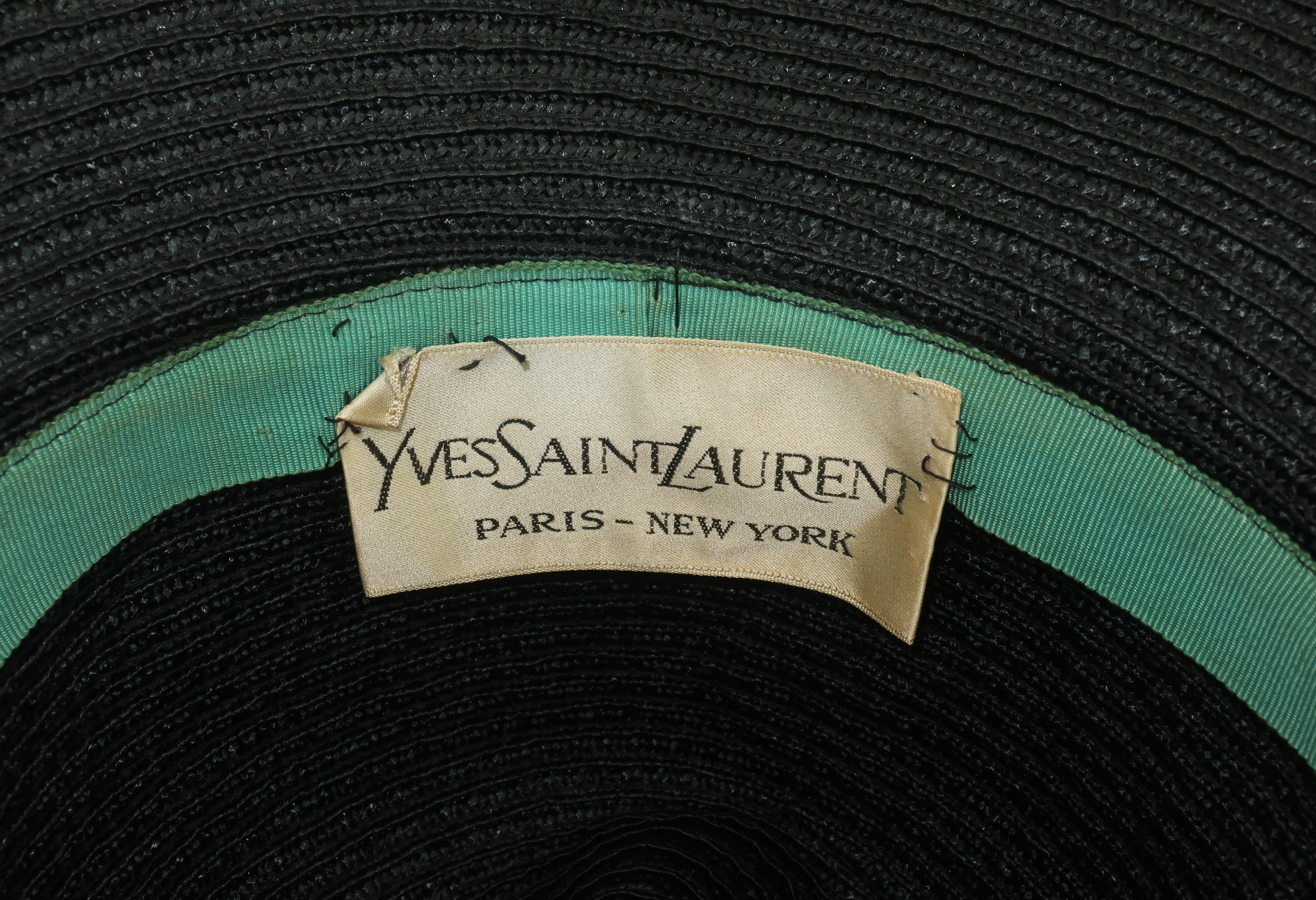 Yves Saint Laurent Black Straw Bucket Hat With Stylized Feather, 1970's 3