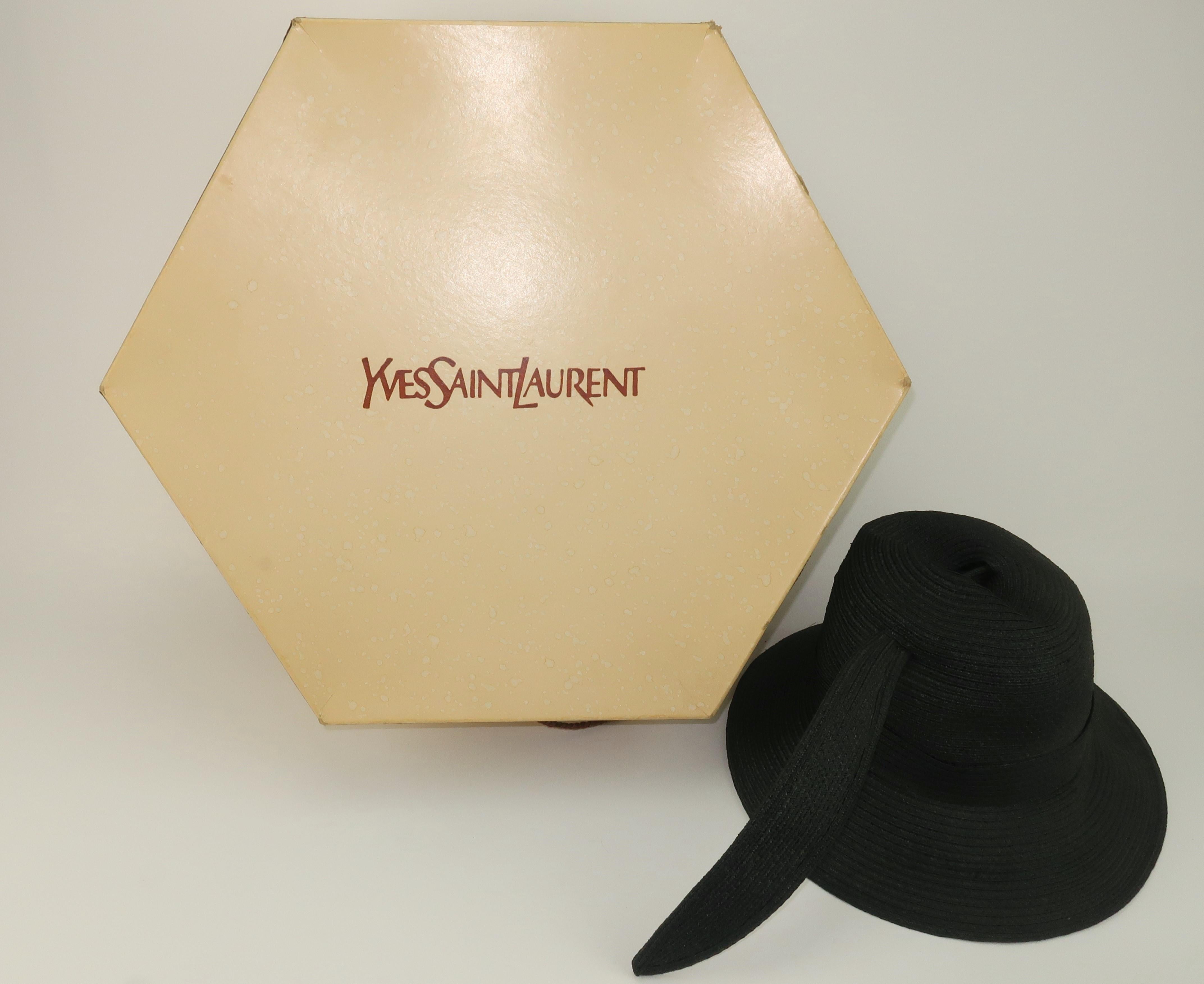 Yves Saint Laurent Black Straw Bucket Hat With Stylized Feather, 1970's 5