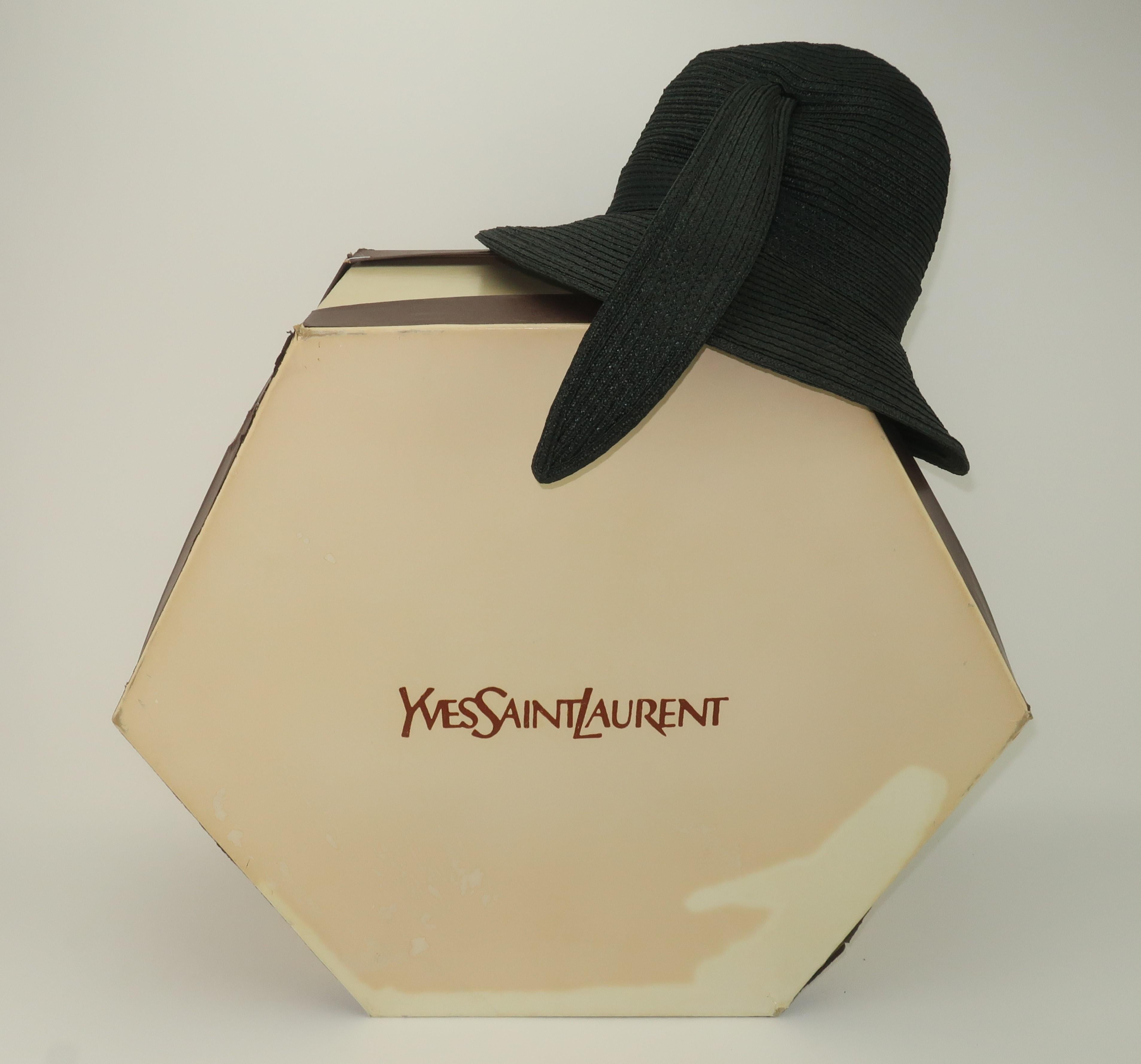 Yves Saint Laurent Black Straw Bucket Hat With Stylized Feather, 1970's 7