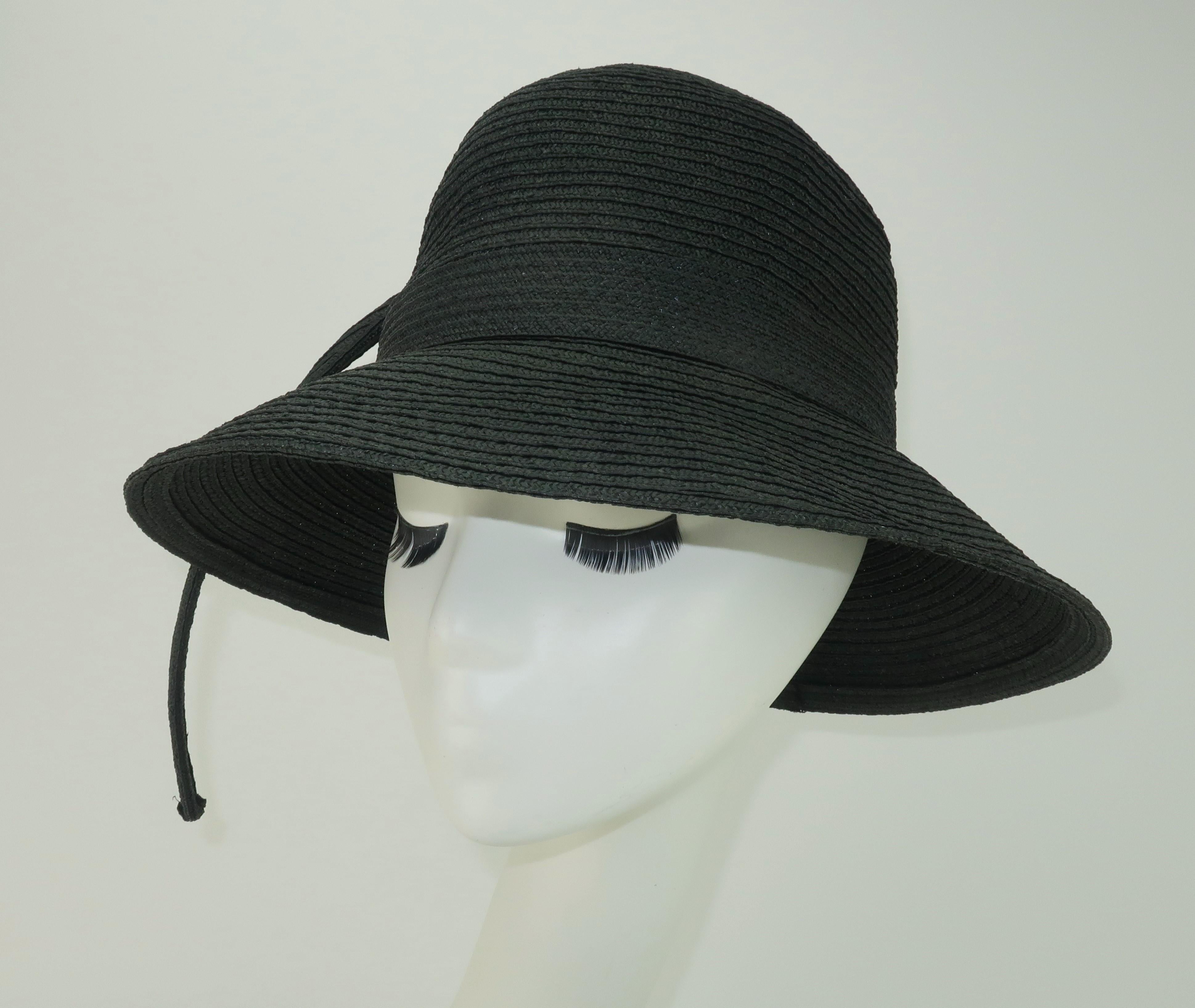 Yves Saint Laurent Black Straw Bucket Hat With Stylized Feather, 1970's In Good Condition In Atlanta, GA