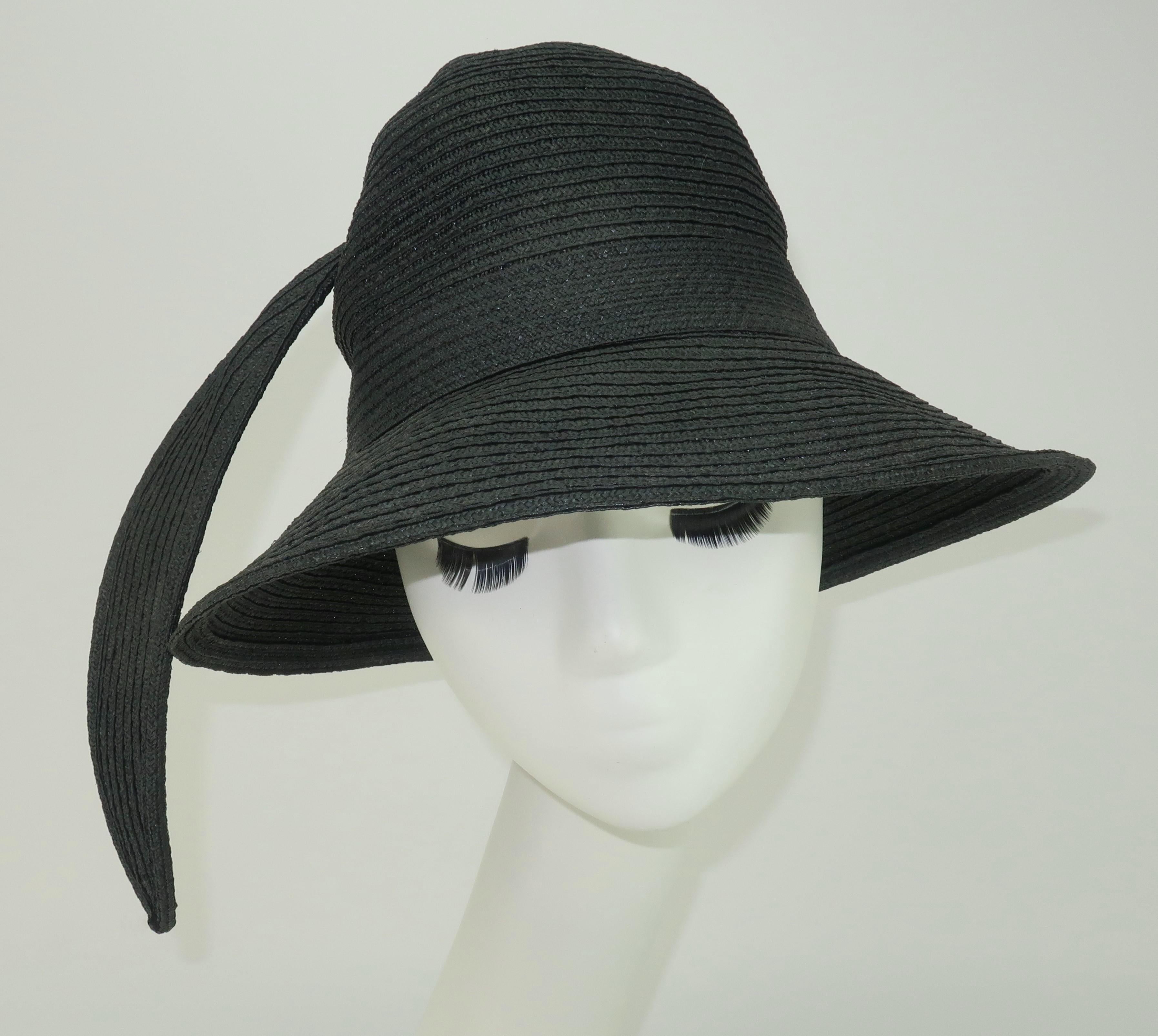 Women's Yves Saint Laurent Black Straw Bucket Hat With Stylized Feather, 1970's