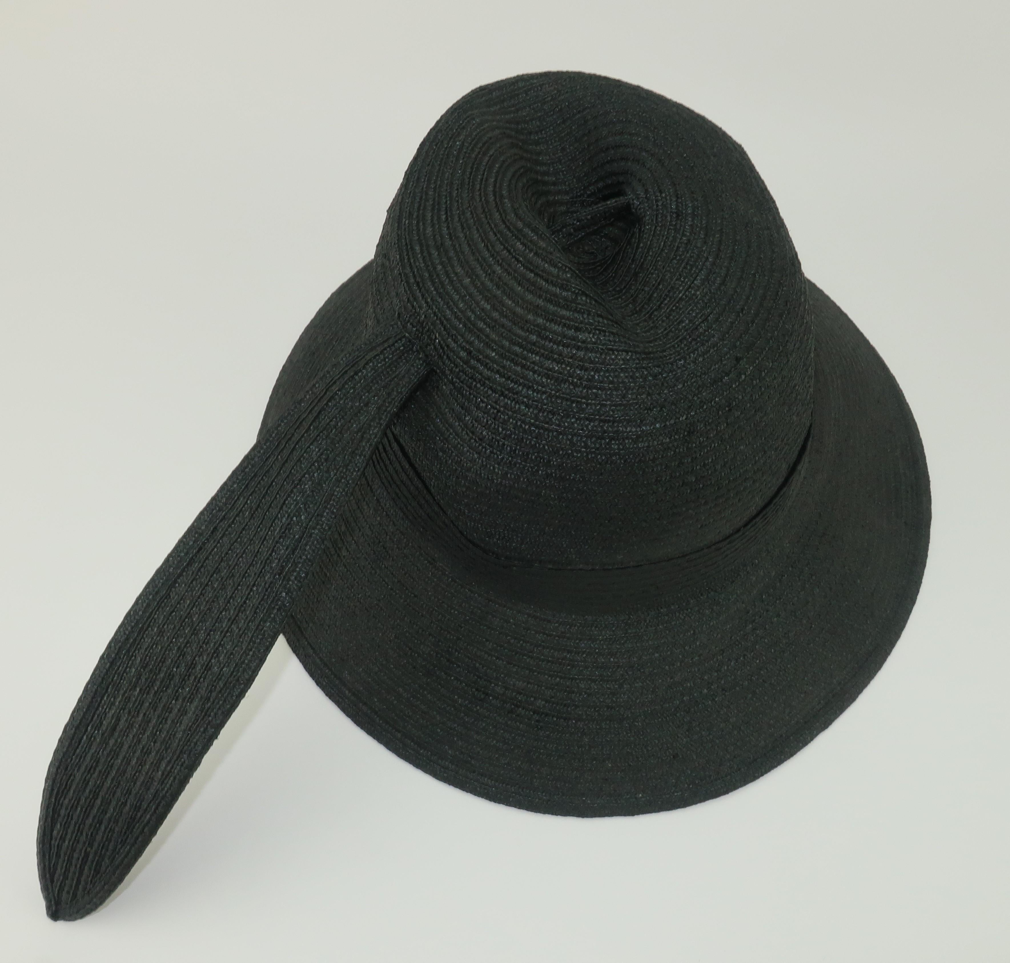 Yves Saint Laurent Black Straw Bucket Hat With Stylized Feather, 1970's 1