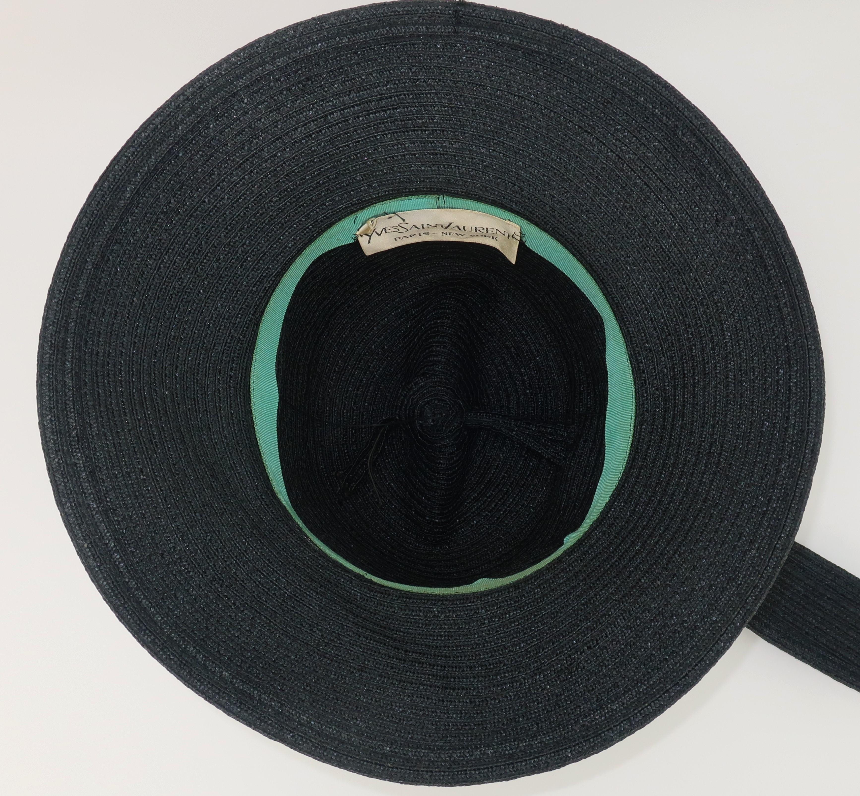 Yves Saint Laurent Black Straw Bucket Hat With Stylized Feather, 1970's 2