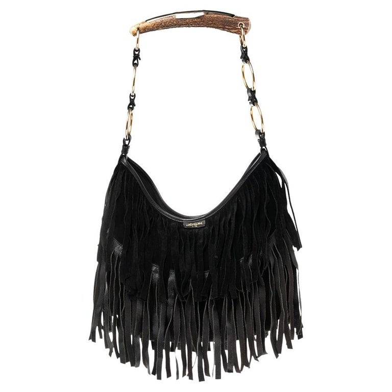 Yves Saint Laurent Black Suede and Leather Fringe Mombasa Hobo at 1stDibs