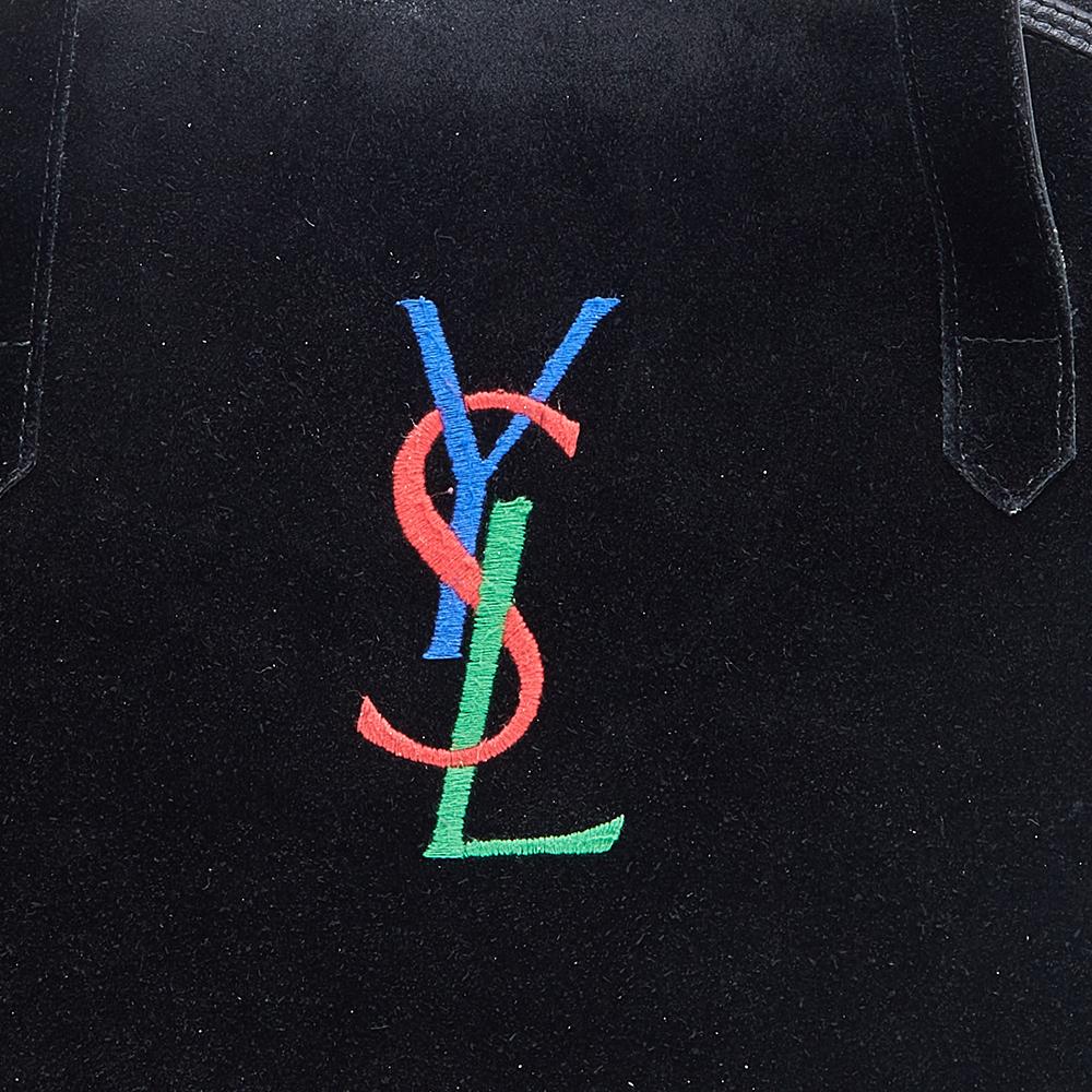 Yves Saint Laurent Black Suede And Leather YSL Embroidered Satchel In Good Condition In Dubai, Al Qouz 2