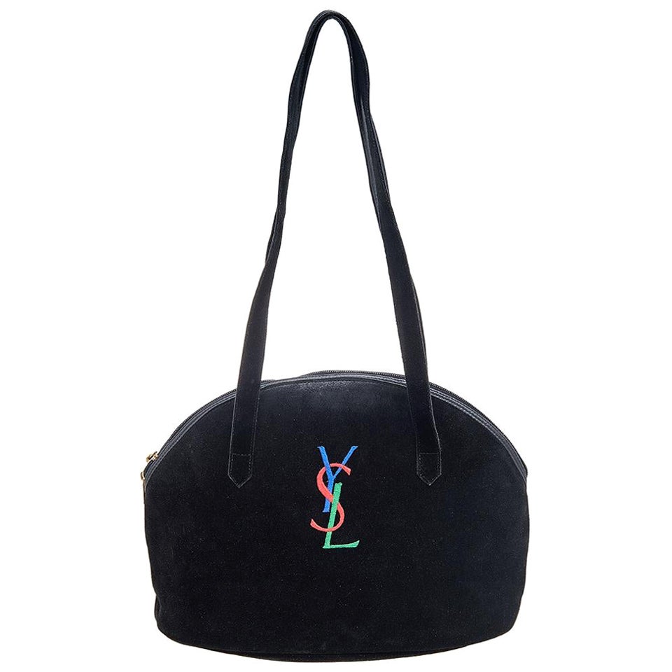Yves Saint Laurent Black Suede And Leather YSL Embroidered Satchel