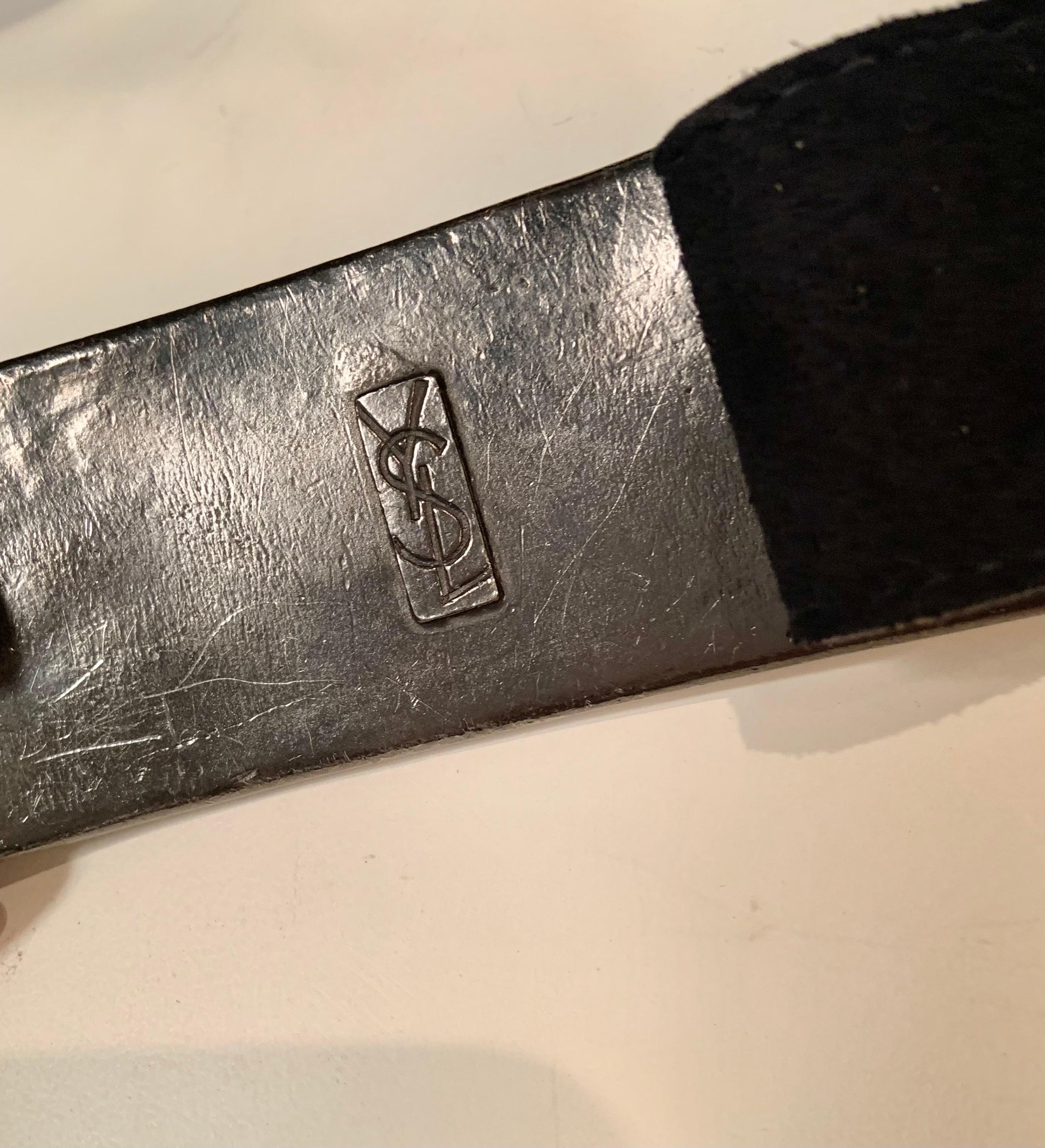 Yves Saint Laurent Black Suede Belt with a Hammered Metal and Suede Buckle In Excellent Condition In New Hope, PA