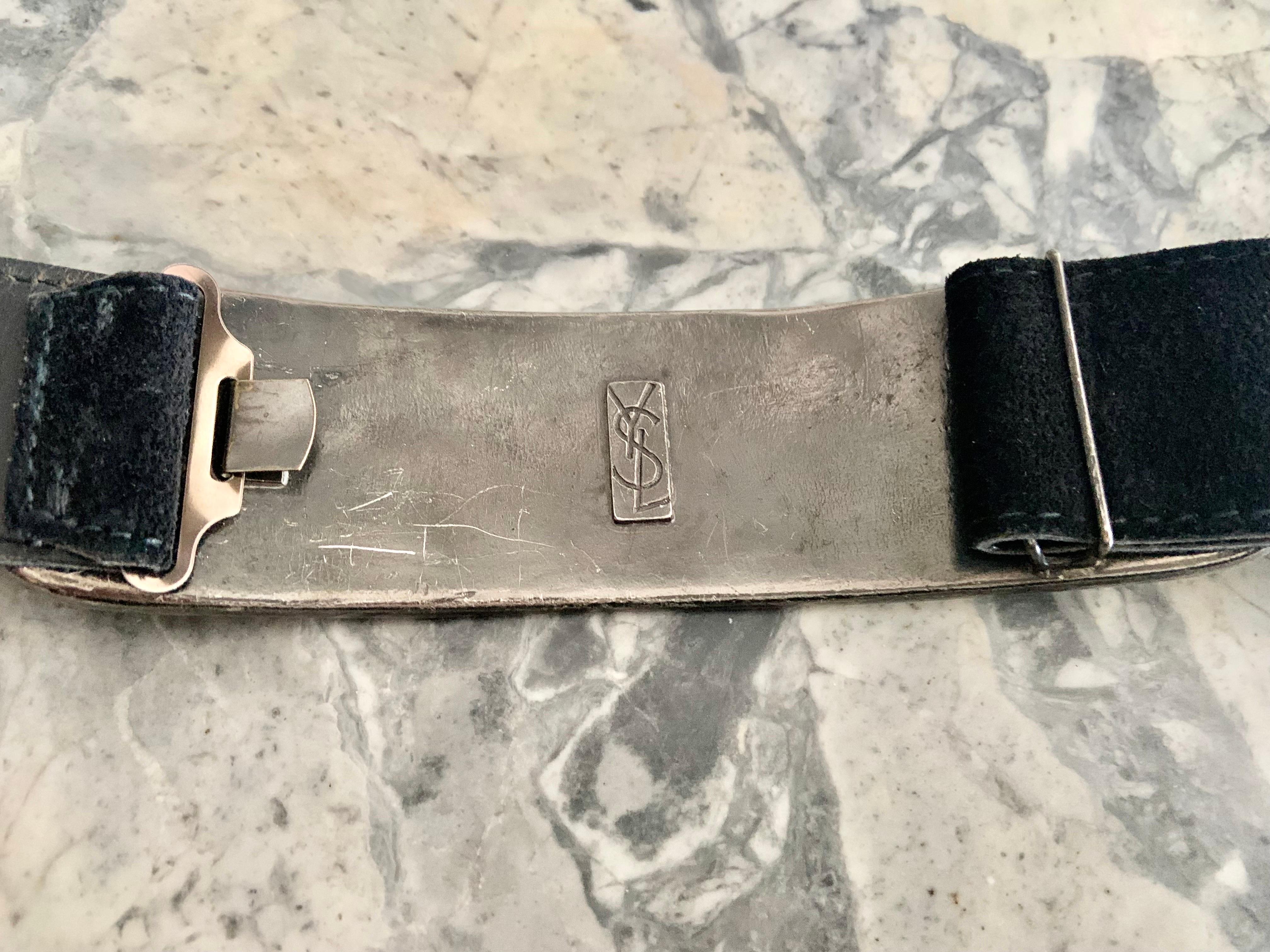Yves Saint Laurent Black Suede Belt with a Hammered Metal and Suede Buckle 1