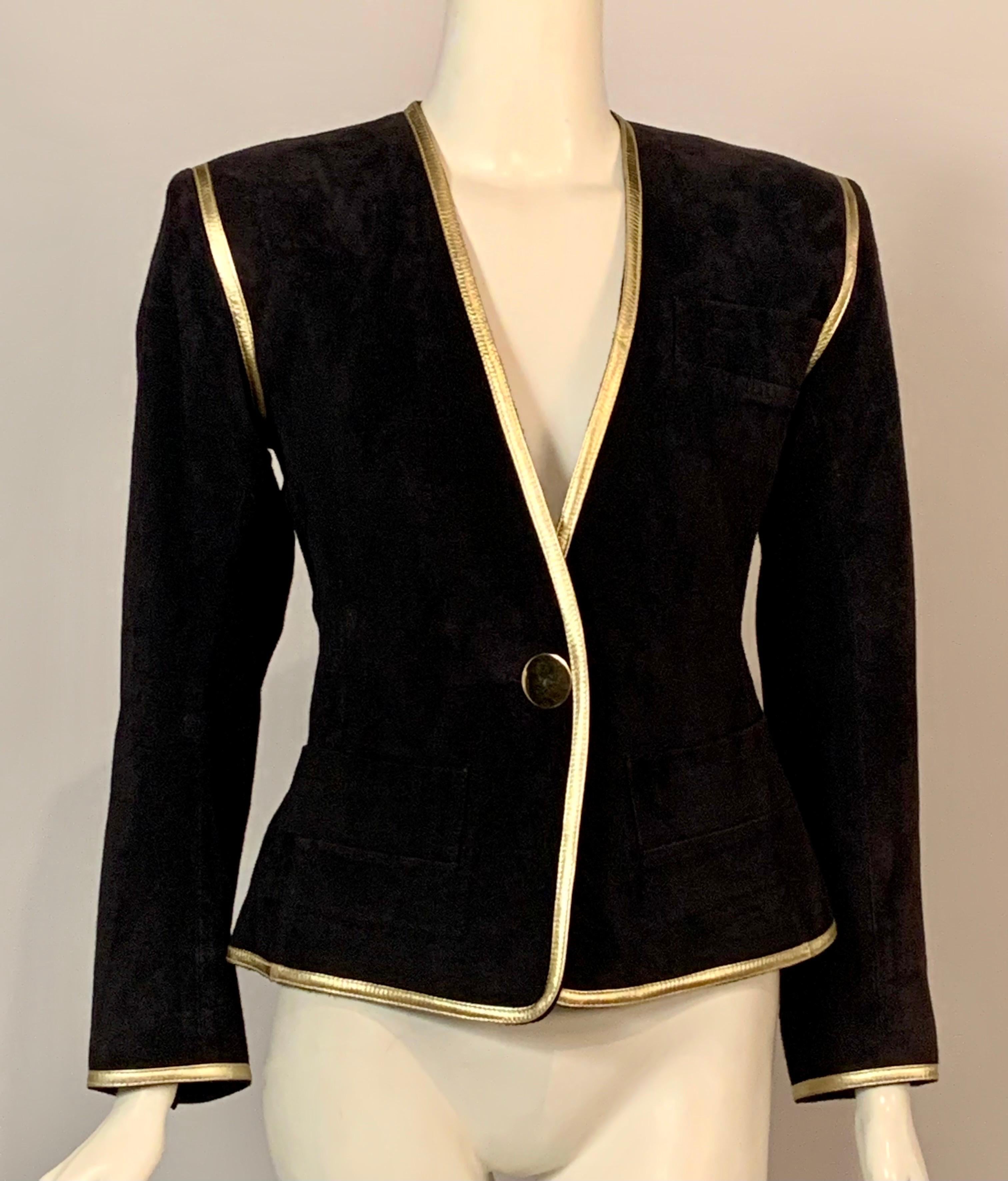 Yves Saint Laurent Black Suede Jacket with Gold Leather Trim In Excellent Condition For Sale In New Hope, PA
