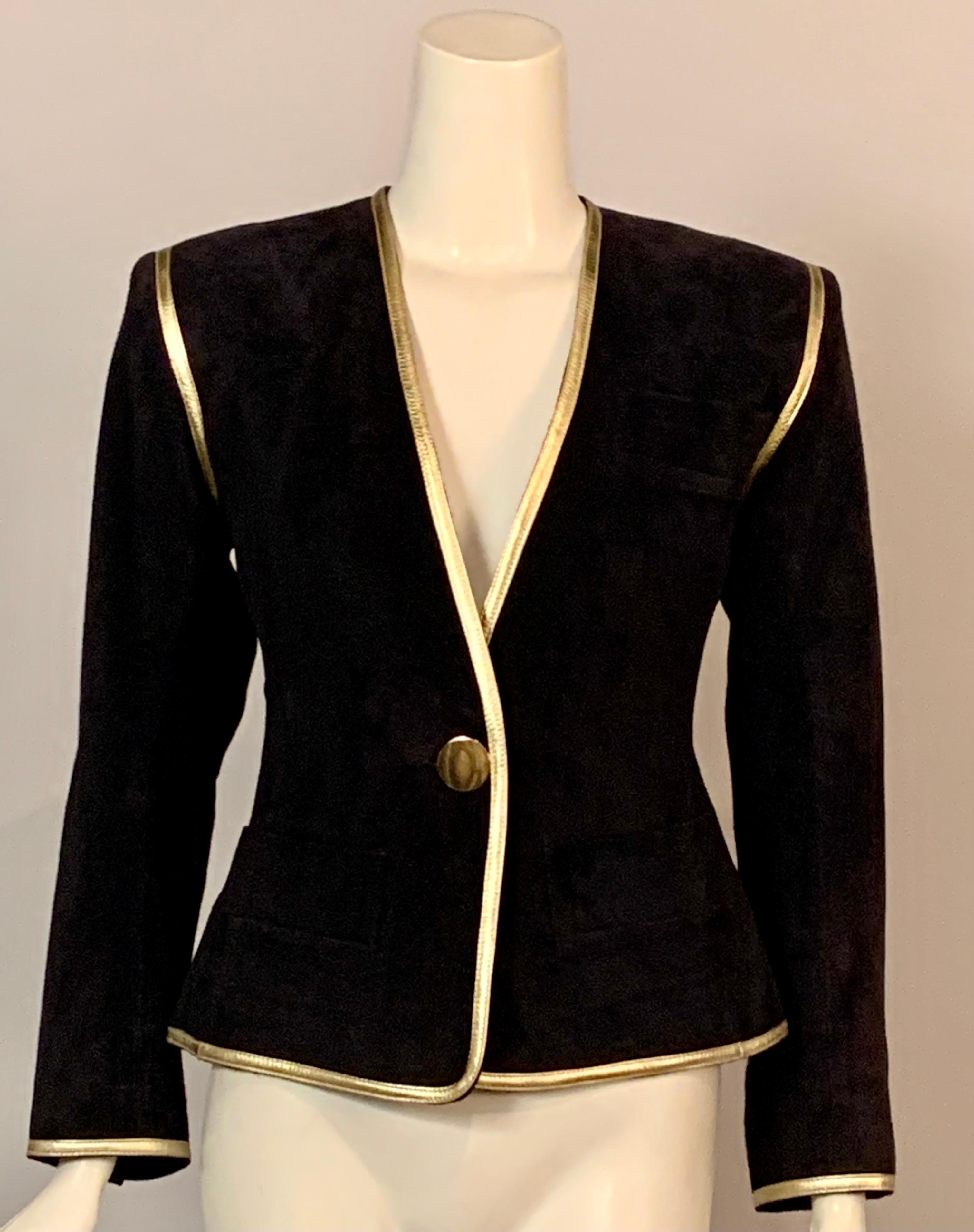 Women's Yves Saint Laurent Black Suede Jacket with Gold Leather Trim For Sale