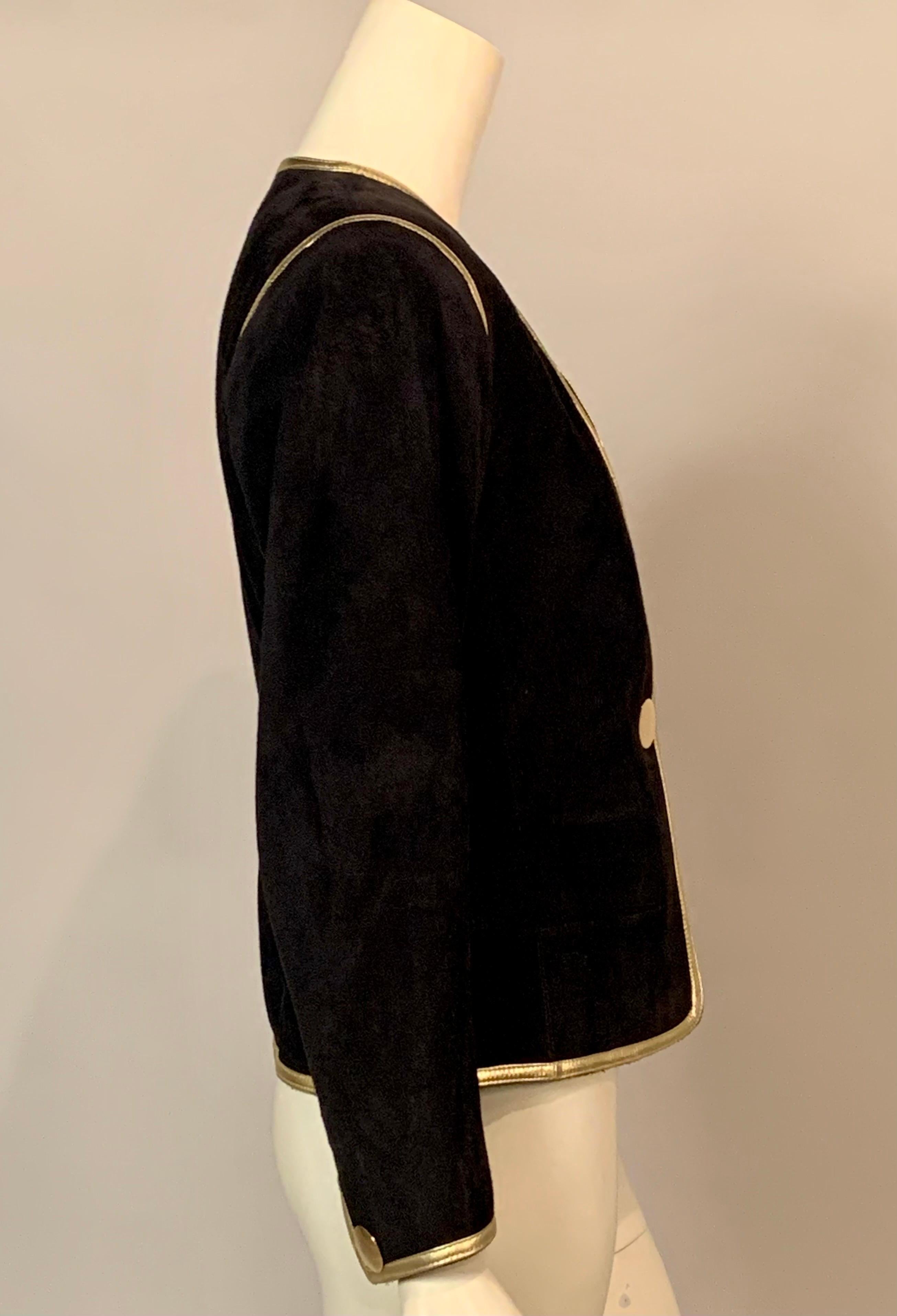 Yves Saint Laurent Black Suede Jacket with Gold Leather Trim For Sale 2