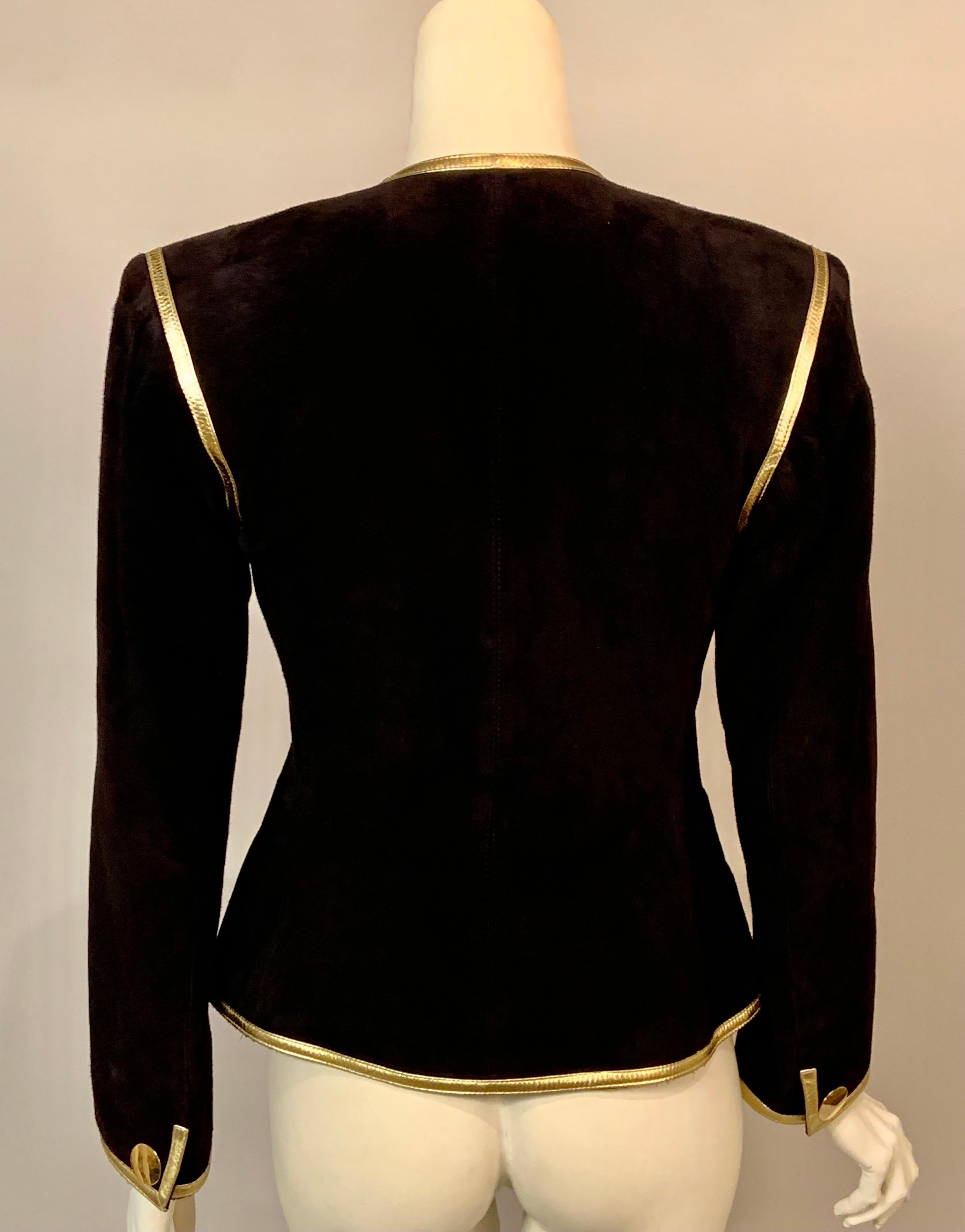 Yves Saint Laurent Black Suede Jacket with Gold Leather Trim For Sale 4
