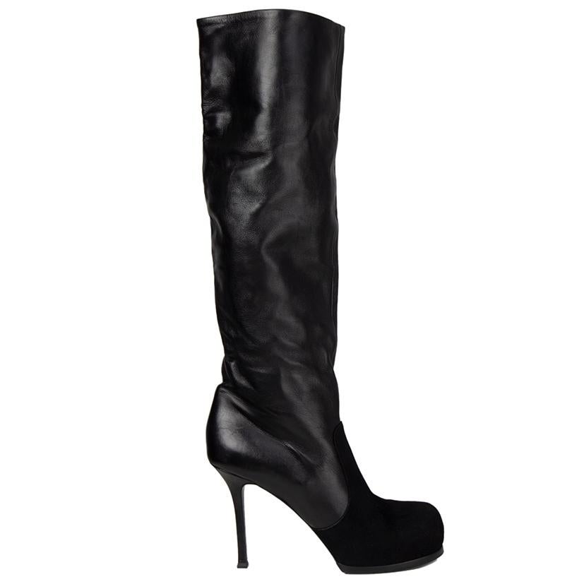 YVES SAINT LAURENT black suede & leather PLATFORM Boots Shoes 40 For Sale