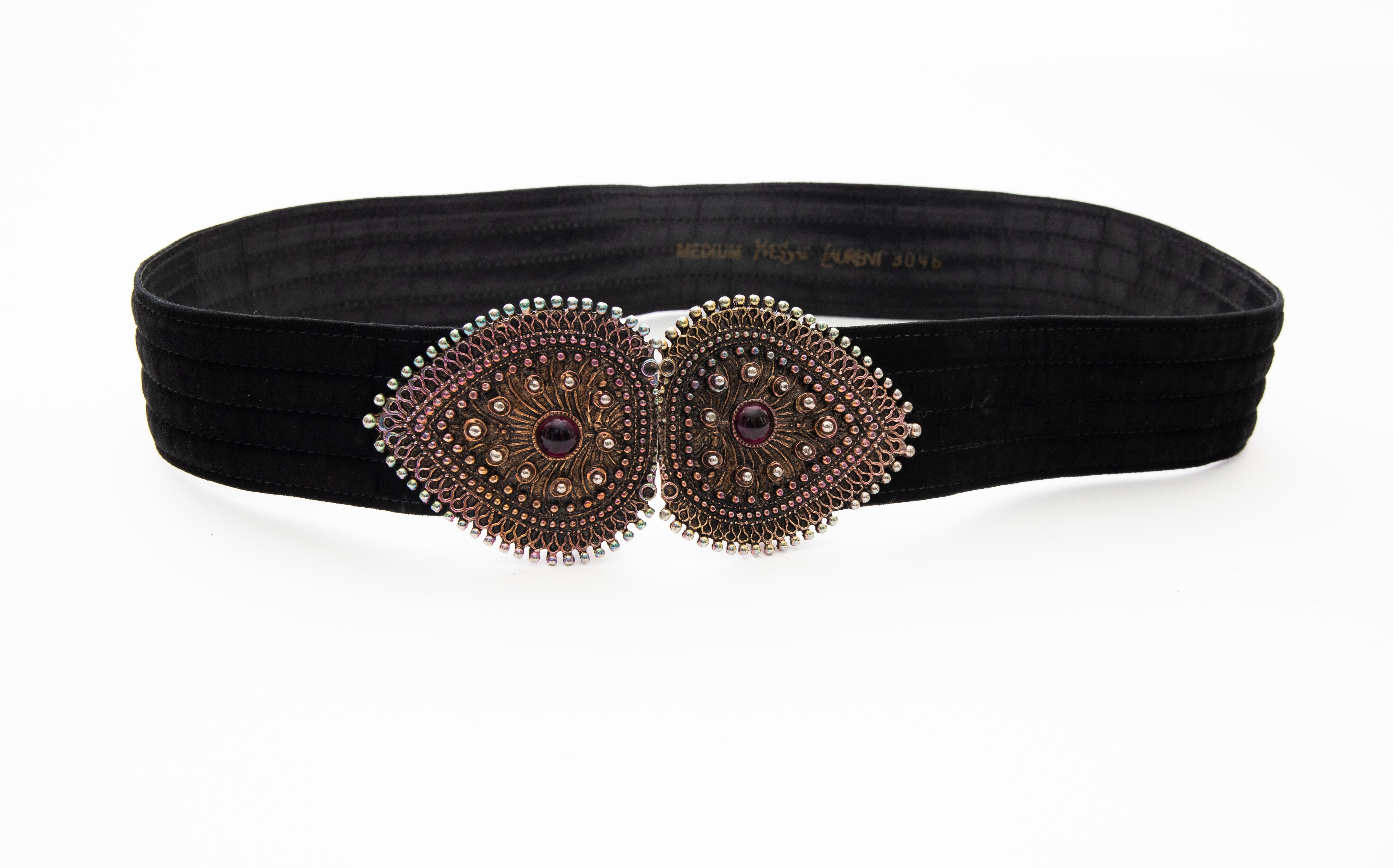 Yves Saint Laurent Black Suede Metal Glass Cabochons Belt, Circa: late 1980's In Good Condition For Sale In Cincinnati, OH