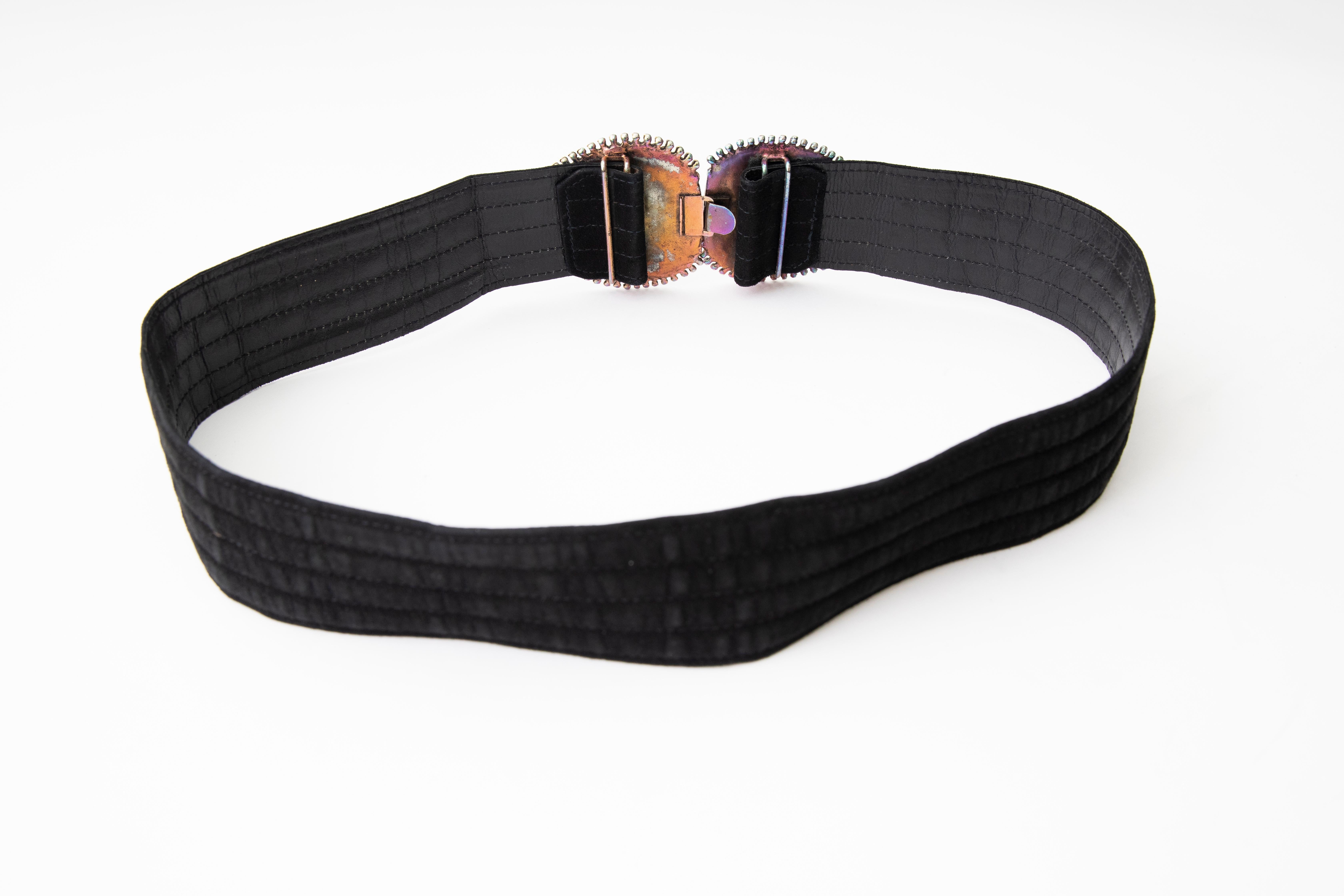 Yves Saint Laurent Black Suede Metal Glass Cabochons Belt, Circa: late 1980's For Sale 1