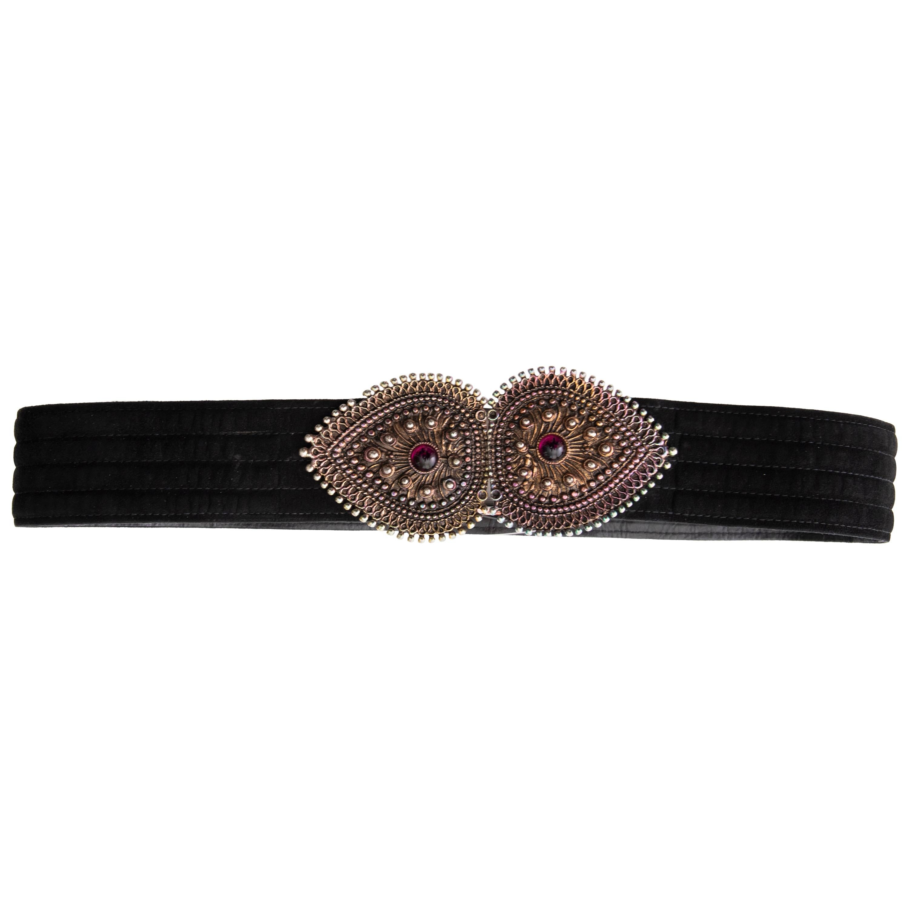 Yves Saint Laurent Black Suede Metal Glass Cabochons Belt, Circa: late 1980
s For Sale