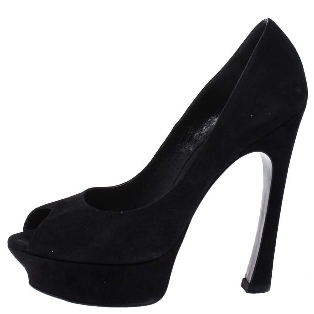 You are sure to love these amazing pumps from Yves Saint Laurent as theyre well built and utterly gorgeous Theyve been crafted from black suede and designed with curved platforms  peep toes and 14.5 cm heels. Grab them now
