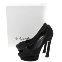 Yves Saint Laurent Black Suede Palais Platform Peep Toe Pumps Size 38.5
