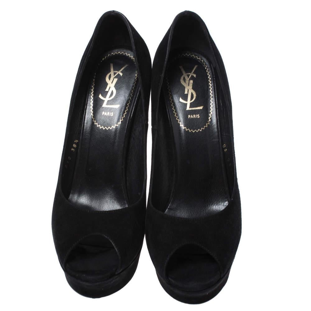 Yves Saint Laurent Black Suede Palais Platform Peep Toe Pumps Size 38.5 In Good Condition In Dubai, Al Qouz 2