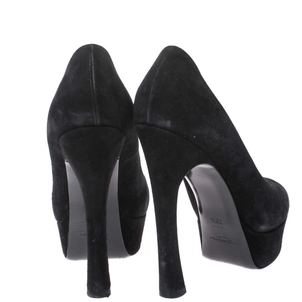 Yves Saint Laurent Black Suede Palais Platform Peep Toe Pumps Size 38.5 1