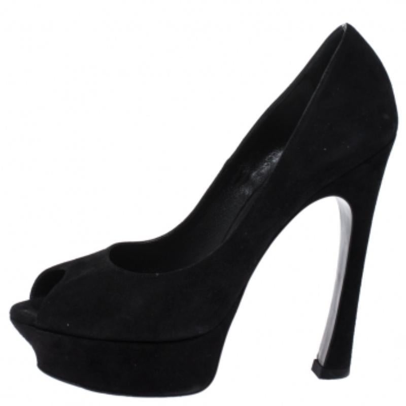 Yves Saint Laurent - Escarpins en daim noir Palais Platform Peep Toe Taille 38.5 en vente 1