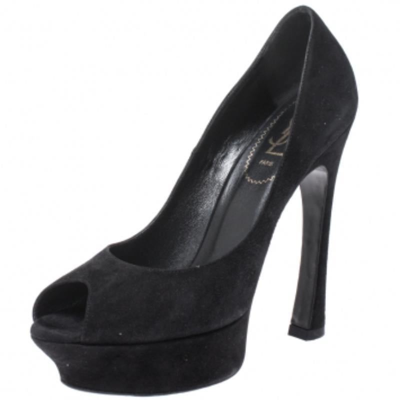 Yves Saint Laurent - Escarpins en daim noir Palais Platform Peep Toe Taille 38.5 en vente 2