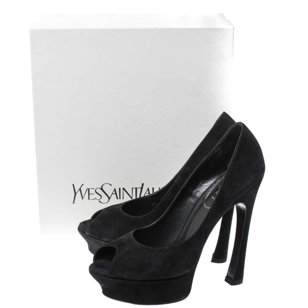 Yves Saint Laurent Black Suede Palais Platform Peep Toe Pumps Size 38.5 4