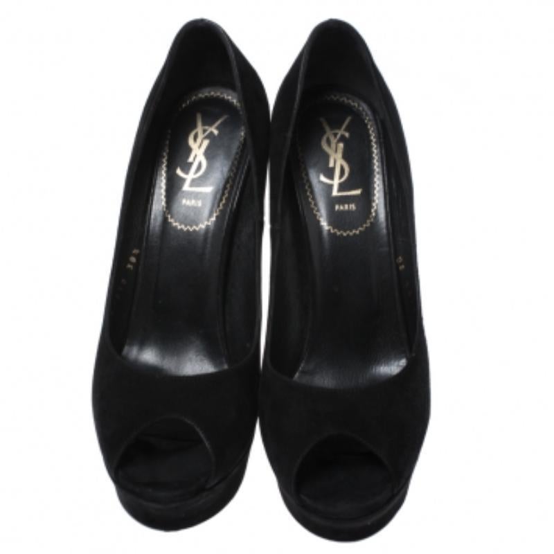 Yves Saint Laurent - Escarpins en daim noir Palais Platform Peep Toe Taille 38.5 en vente 3