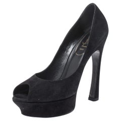 Yves Saint Laurent Black Suede Palais Platform Peep Toe Pumps Size 38.5