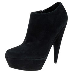 Used Yves Saint Laurent Black Suede Platform Ankle Boots Size 40