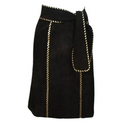 YVES SAINT LAURENT Black Suede Skirt with Gold Detail and Belt Size 36