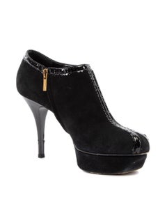 Yves Saint Laurent Black Suede with Patent Leather Trim Platform Booties UK 6