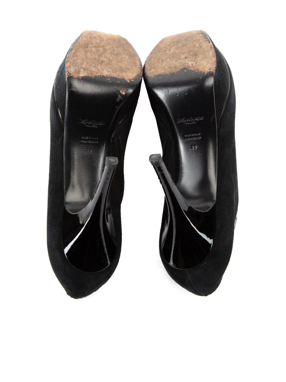 Yves Saint Laurent - Bottines à plateforme en daim noir et cuir verni - UK 6 Pour femmes en vente
