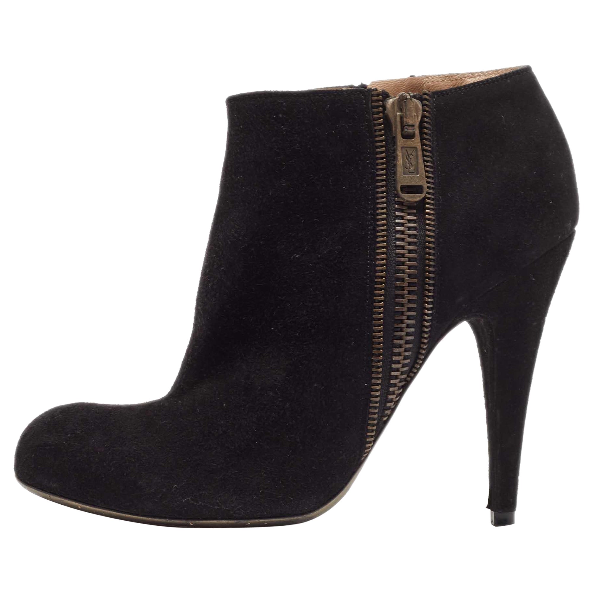 Yves Saint Laurent Black Suede Zip Up Ankle Length Boots Size 39