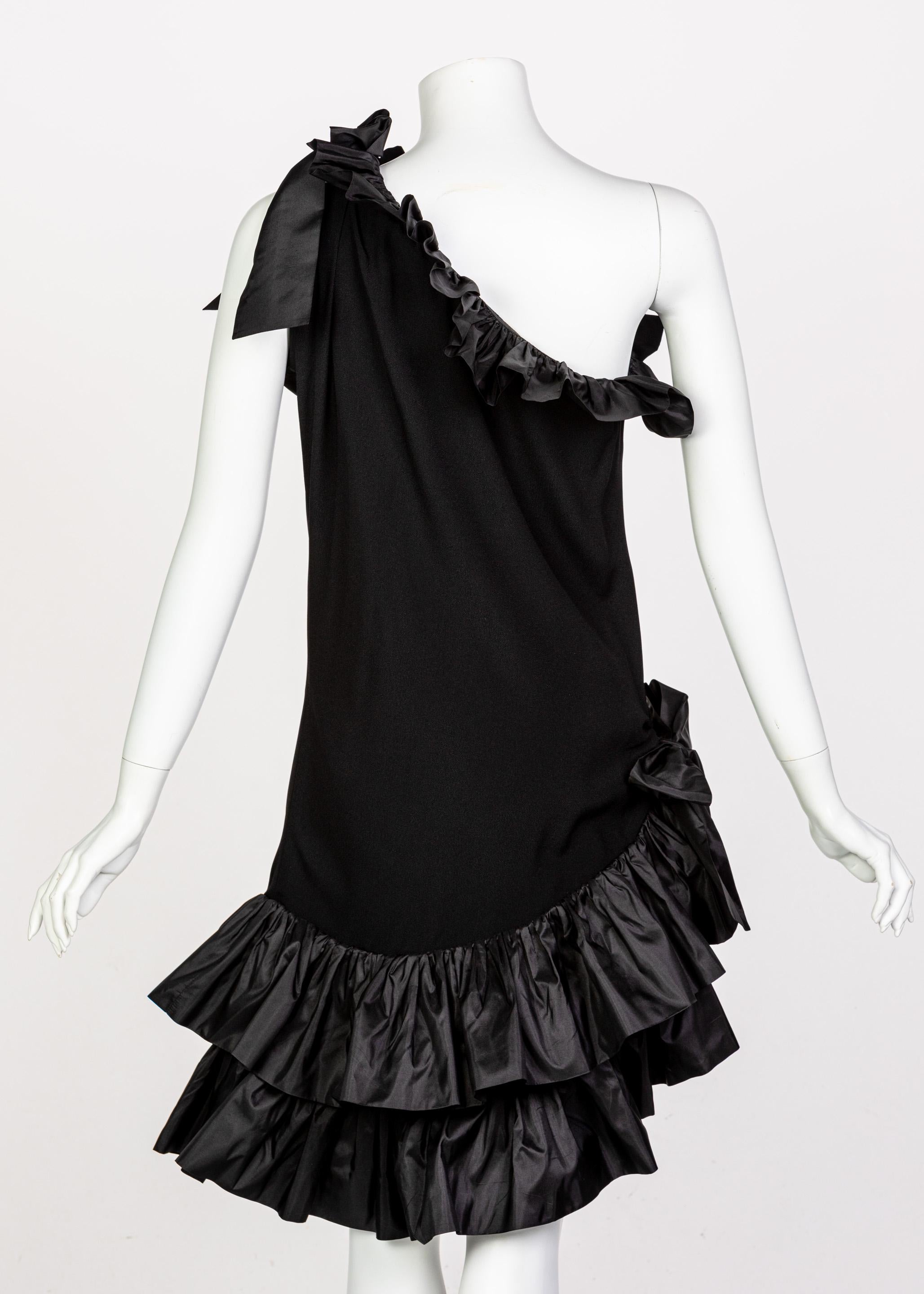 Yves Saint laurent Black Taffeta Ruffle One Shoulder Bow Dress YSL, 1990s In Excellent Condition In Boca Raton, FL
