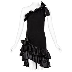 Yves Saint laurent Black Taffeta Ruffle One Shoulder Bow Dress YSL, 1990s