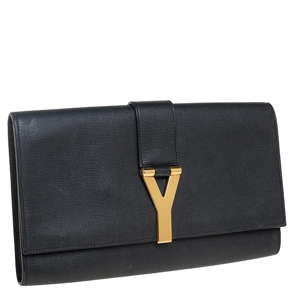 Women's Yves Saint Laurent Black Textured Leather Y-Ligne Clutch