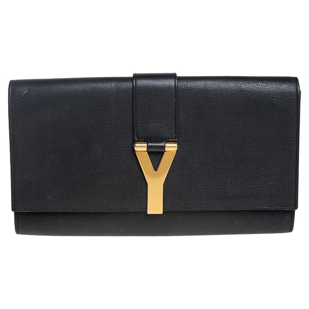 Yves Saint Laurent Black Textured Leather Y-Ligne Clutch