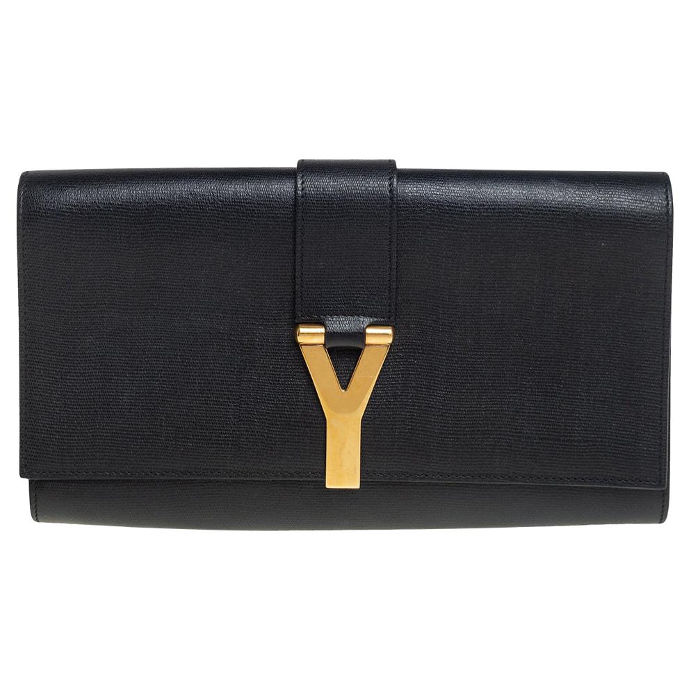 Yves Saint Laurent Black Textured Leather Y-Ligne Clutch