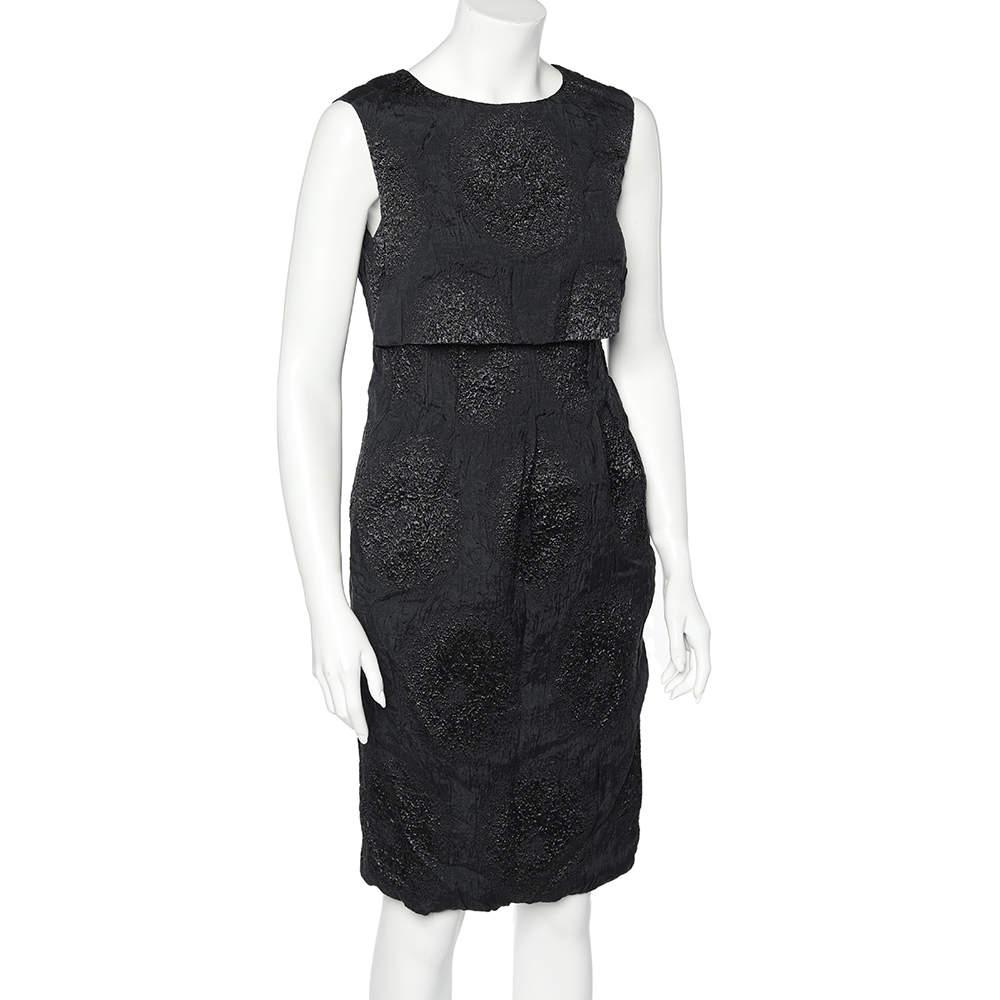Yves Saint Laurent Black Textured Silk Overlay Detail Sleeveless Midi Dress M In Good Condition For Sale In Dubai, Al Qouz 2