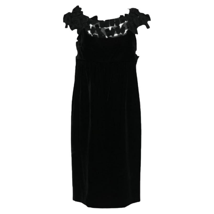 Yves Saint Laurent Black Velvet Bow Applique Midi Dress M For Sale