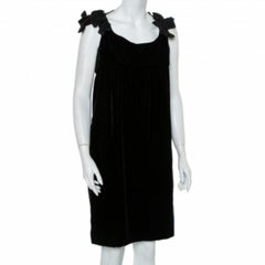 Yves Saint Laurent Black Velvet Bow Trim Detail Shift Dress S