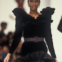 Yves Saint laurent Black Velvet Dress with Ruffle Shoulders and High-Low Skirt