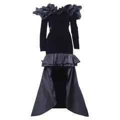 Yves Saint laurent Black Velvet Dress with Ruffle Shoulders and High-Low Skirt