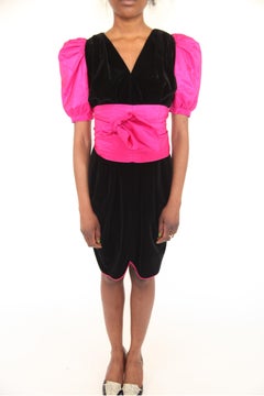Yves Saint Laurent black velvet evening dress fuchsia taffeta sleeves, c.1980s