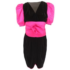 Yves Saint Laurent black velvet evening dress fuchsia taffeta sleeves, c.1980s
