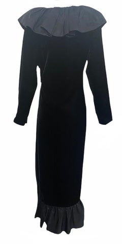 Yves Saint Laurent Black Velvet Gown with Taffeta Ruffled Trim, 1980s
