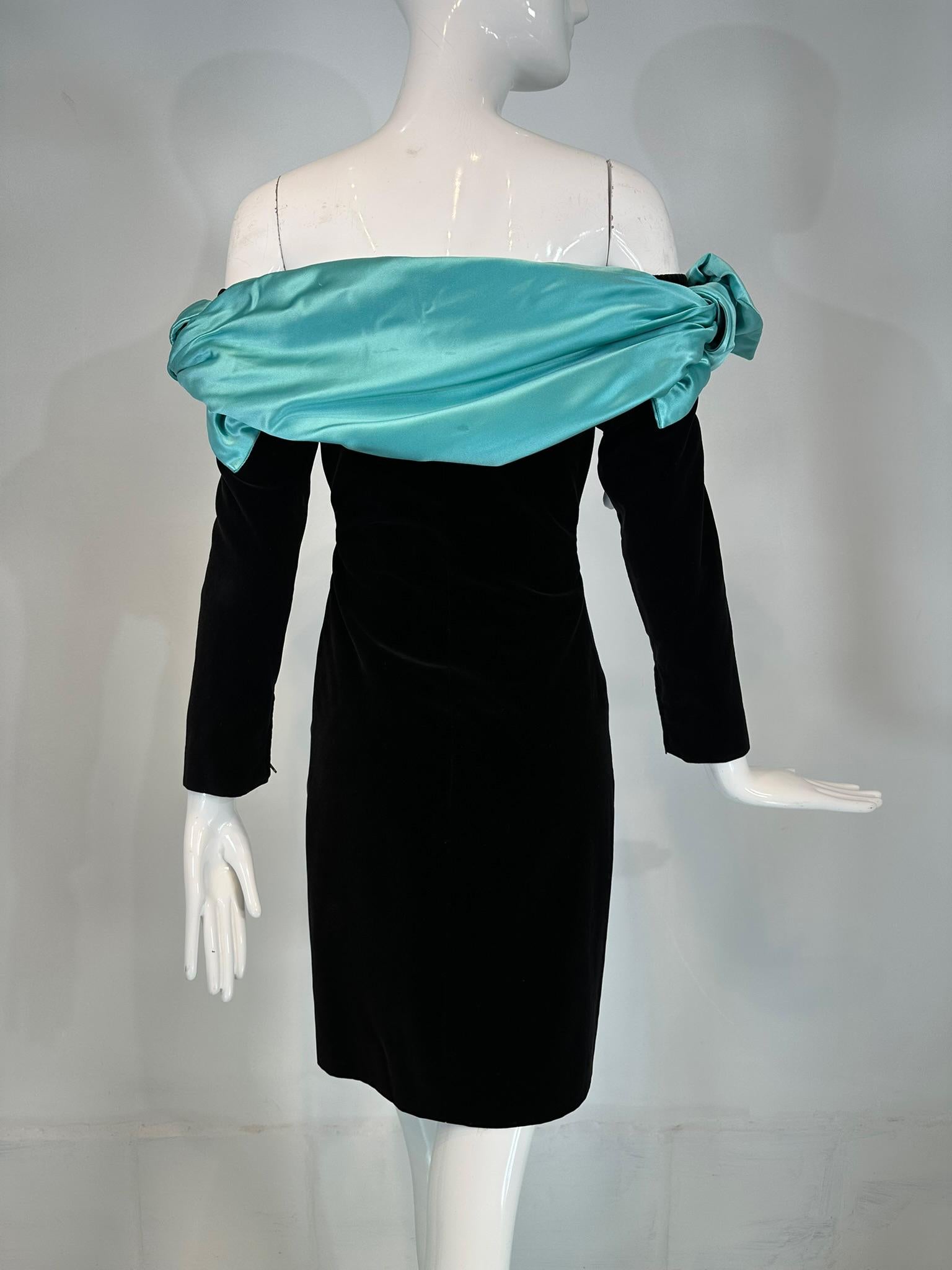 Yves Saint Laurent Black Velvet Turquoise Satin Off the Shoulder Cape Dress 1980 For Sale 6
