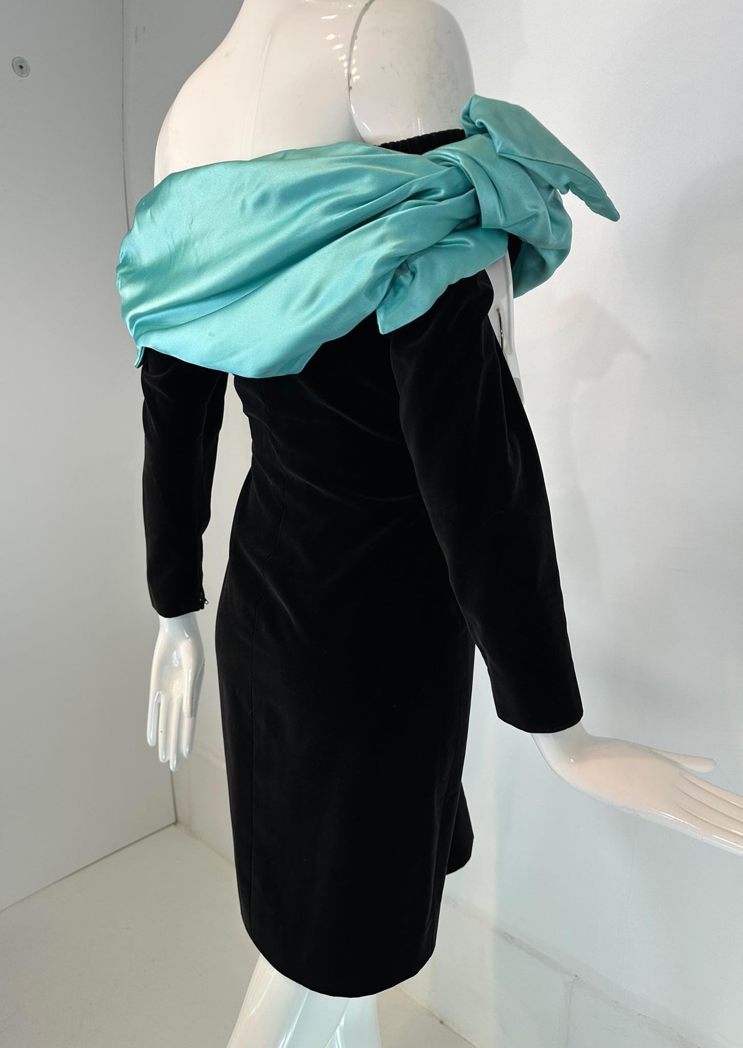 Yves Saint Laurent Black Velvet Turquoise Satin Off the Shoulder Cape Dress 1980 For Sale 8